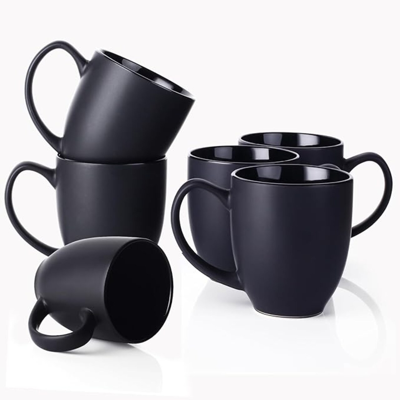 Set of 6 Black Ceramic Coffee Mugs, 16oz, Large Handles, Porcelain